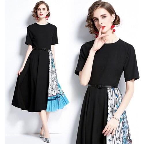 Summer New Womens Round Neck Waist Short Sleeve Roman Panel Printed Fold Dress Gift Belt