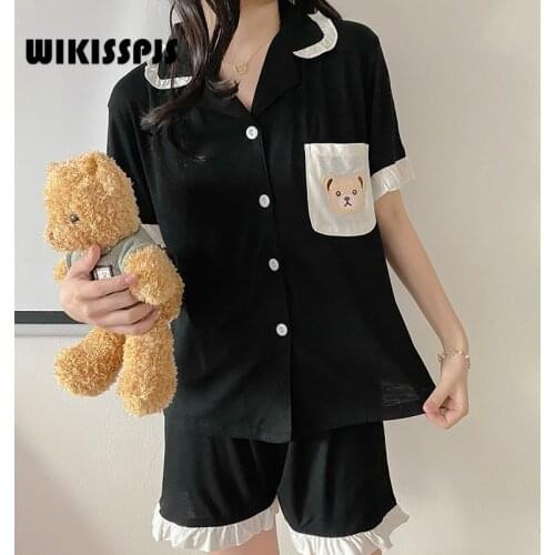 WIKISSPJS Summer Cardigan Summer Suit Short Sleeve Casual Pajamas New Lace Housewear Pajamas for Teen Girls Loungewear