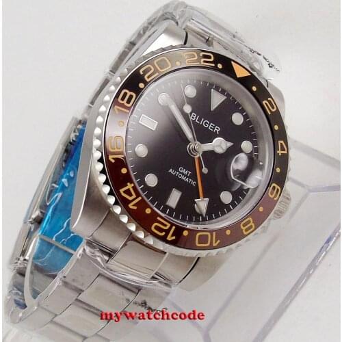 40mm BLIGER black dial luminus marks Ceramic Bezel GMT sapphire glass automatic mens watch B147