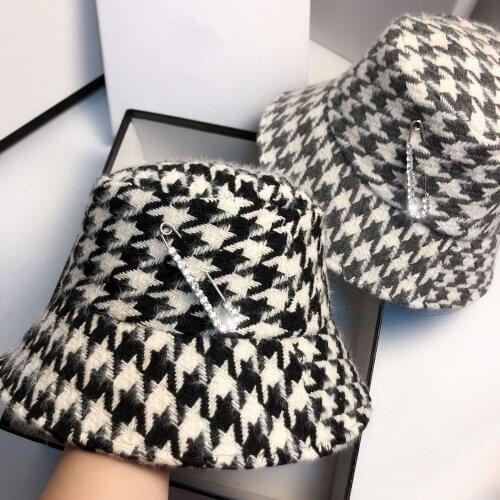 New Autumn Winter Bucket Hat Women Ladies Elegant Plaid Sun Hat Bob Fashion Rhinestone Pin Fisherman Hat Houndstooth Cap Panama