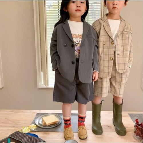 New Spring & Autumn Kids Children Two Piece Suit 2021 Girl Fashion Leisure Korean Grey Boys Lattice
