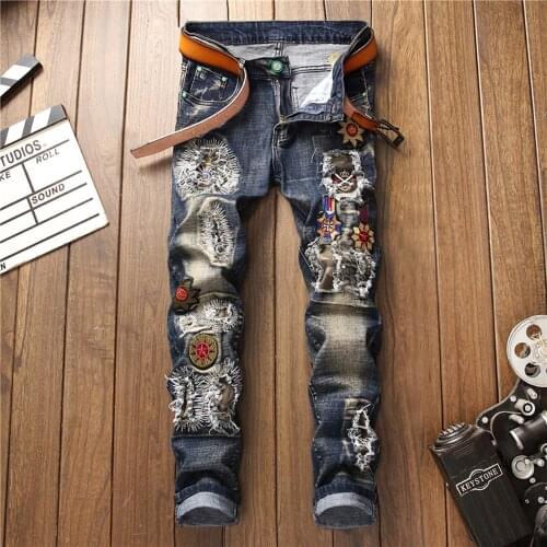 Original Design Autumn Winter New European American Embroidery Ripped Stick Cloth Micro Bounce Casual Fashion Small Foot Jeans