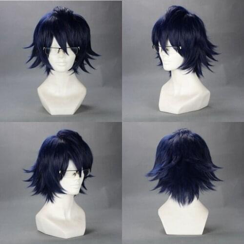 K Fushimi Saruhiko cosplay Wig Deep Blue Black Short Fluffy Layered Costume Wigs (not including glasses)+Wig Cap