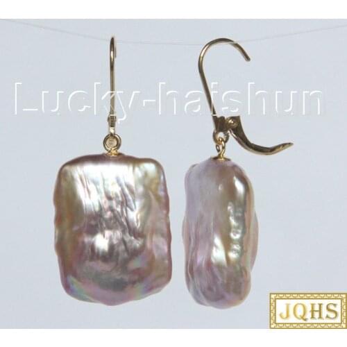 Natural 23mm baroque purple Reborn keshi pearls Earrings gold hoop Dangle j10606