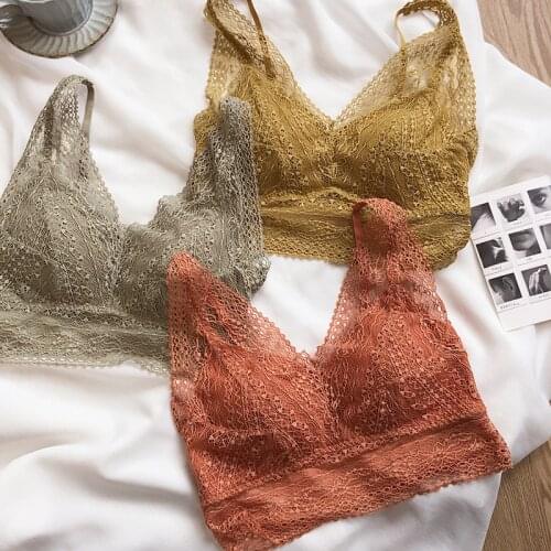 Wriufred Water-soluble lace womens bra underwear deep V-neck sexy vest bra breathable detachable bralettle summer