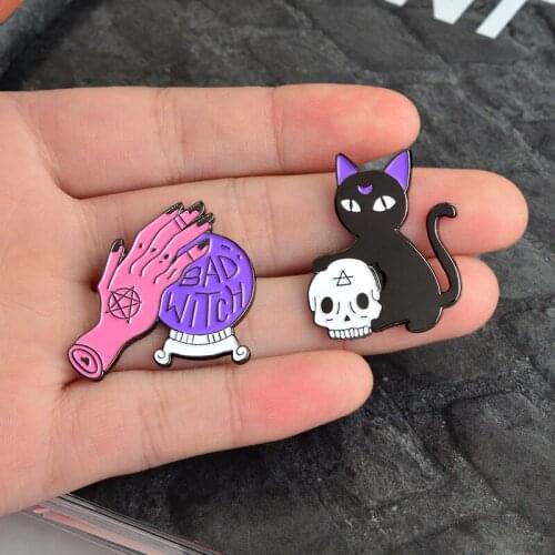 Magic crystal ball witch hand animal cartoon black cat skull brooch enamel pin purple magic crystal ball jewelry gift pendant