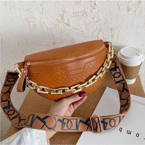 Thick chain ladies waist bag high quality one-shoulder diagonal bag fashion plaid chest bag beautiful pu leather female handbag