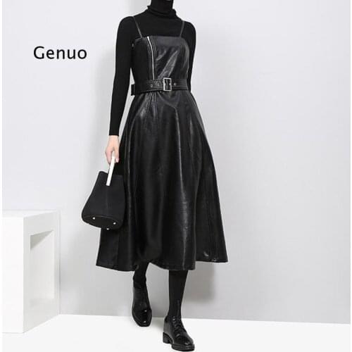 Spring Autumn Solid Color Strapless Black Pu Leather High Waist Belt Zipper Loose Dress Women Fashion Tide