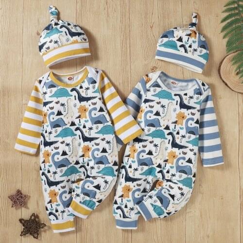 Pudcoco 0-24M 2Pcs Summer Baby Girl Boy Cartoon Animal Dinosaur Striped Print Fashion Casual Romper Jumpsuit Leotard+Hat Clothes