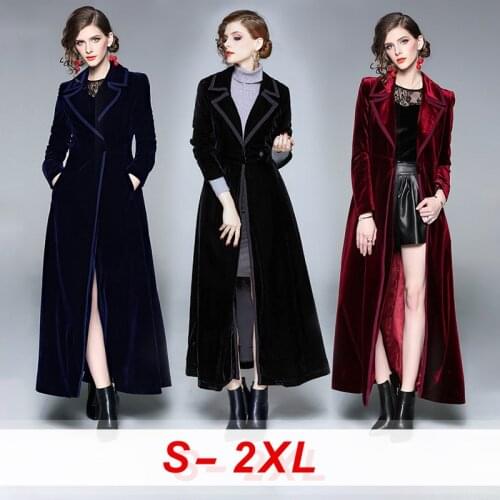 2020 Long Sleeve Notched Collar Overcoat Womens Vintage Wrap Velvet Maxi Coat Plus Size Thick Warm Long Trench Coat Outwear