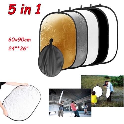 5 in 1 Portable Collapsible Light Oval Photography White Silivery Reflector for Studio Photo Disc Diffuers 24x36inch 60x90cm