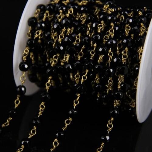 6mm,Natural Black Agates Faceted Round bead Rosary Chain,Raw Onyx Gems Link Brass Wire Wrapped Chain DIY Crafts