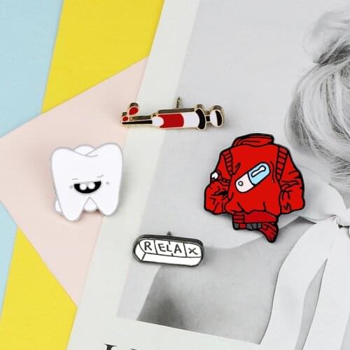 Doctor Nurse Syringe Brooch Cute Red Jackets Relax Pill Tooth Enamel Pin Badge Denim Backpack Collar Lapel Pins Medical Jewelry