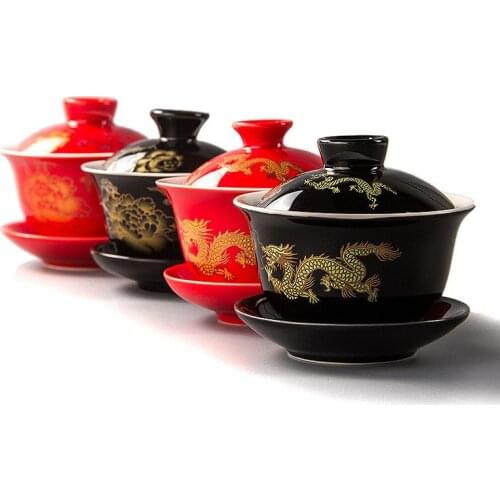 Hand Painted Red Dragon Gaiwan Tea Set Kung Fu Teacup Chinese Style Porcelain Gaiwan Tea Bowl with Saucer Lid Kit Teaware Decor