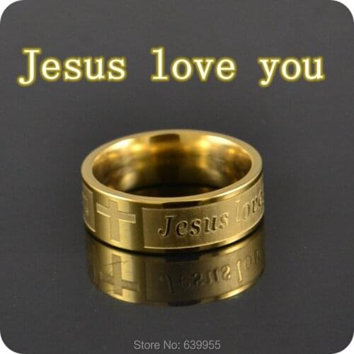 HOT 4x Jesus love you Gold tone Plated Cross Stainless Steel Rings Mens Comfort Fit Ring Fashion Christian Religious Jewelry