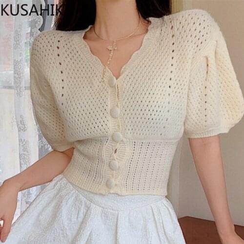 KUSAHIKI Summer Thin Puff Sleeve V-neck Cardigan Women Knitted Single Breasted Slim Coat 2021 New Korean Elegant Knitwear 6J858