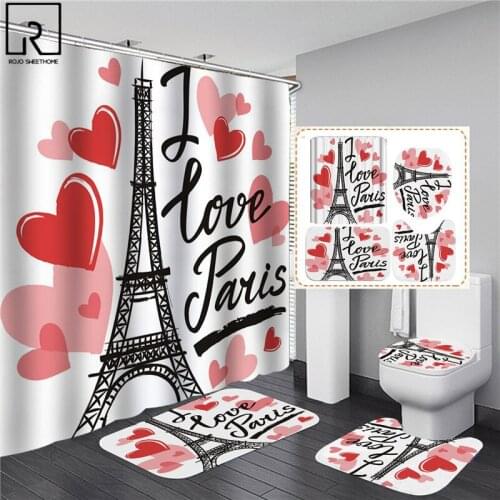 Red Heart Lovers Shower Curtain Set 4pcs Polyester Bathroom Curtain Sets Couples Modern Home Decor Bath Rug Set Anti-slip Carpet