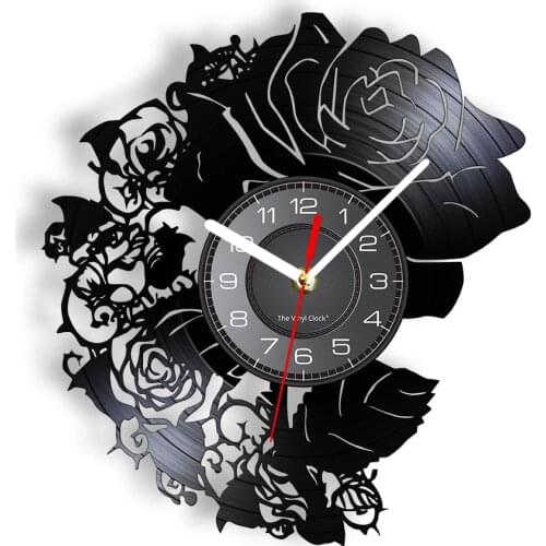 Rose Flower Blossom Art Vinyl Record Wall Clock Living Room Decor Floral Botanical Carved Efflorescence Crafts Retro Watch