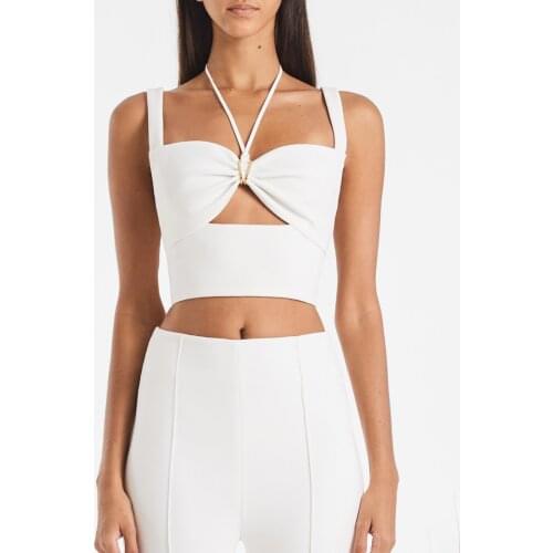 2021NEW black and white halterneck cutout strapless tube top, summer metal buckle cutout high waist slim short womens camisole