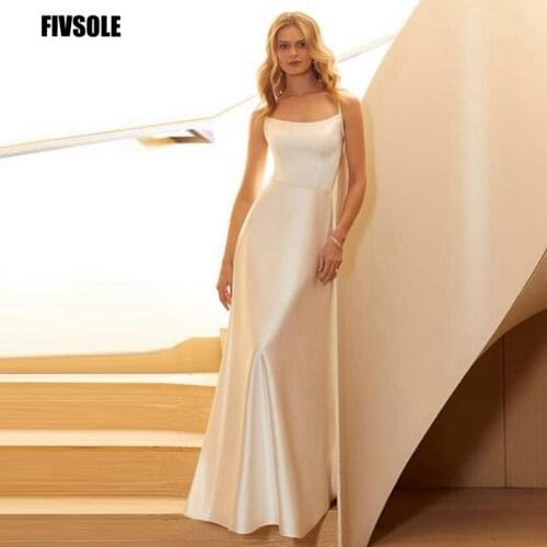 Fivsole Sheath Simple Soft Satin Wedding Dress 2021 Vestido De Fiesta De Boda Square Spaghetti Straps Robe De Mariée