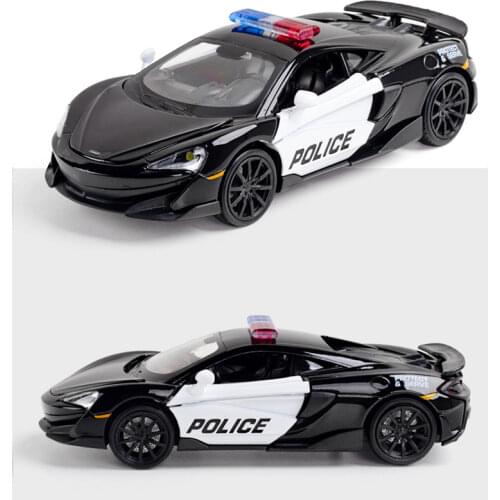 Black McLaren 600LT 1:32 Diecast Alloy Police Car Model Miniature Metal Vehicle Gifts Pull Back for Children Hot Christmas Toys