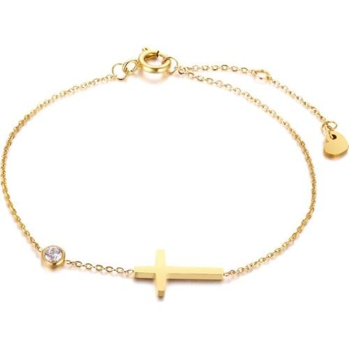 Sideway Cross Bracelet Gold Tone Stainless Steel Charm CZ Stone Thin Chain Link Wristbands