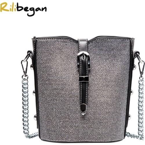 Casual Bucket Style Women Handbag Sequined Small Hasp Shoulder Bag for Female Fashion Chains Women Handle Crossbody Bag