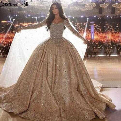Serene Hill Muslim Champange Luxury Wedding Dresses 2021 High-end Beaded Crystal Sparkle Bridal Gowns HA2500 Custom Made