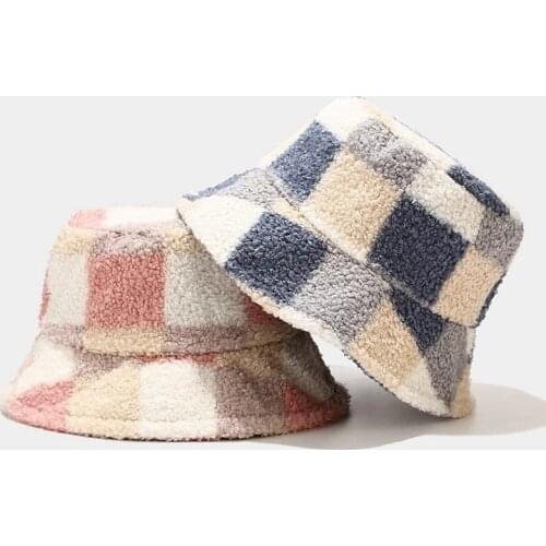 Outdoor Warm Lamb Faux Fur Bucket Hat Solid Fluffy Fishing Cap Fisherman Women Winter