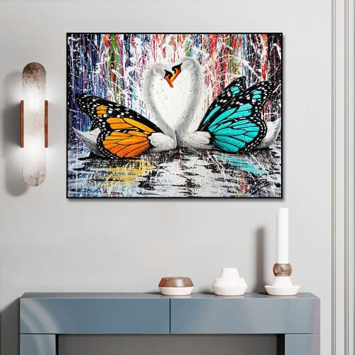 Modern Graffiti Swan With Butterfly Wings Canvas Painting Poster Print Wall Art Picture For Living Room Home Decor Frameless