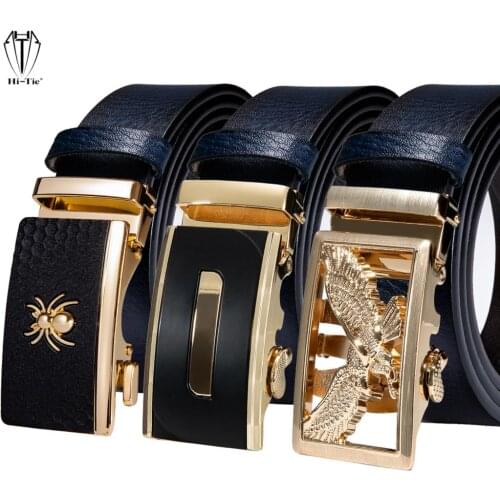Dark Blue Genuine Leather Mens Belts Gold Black Automatic Buckles Ratchet Male Waistband Strap for Dress Jeans Pants Wedding XXL