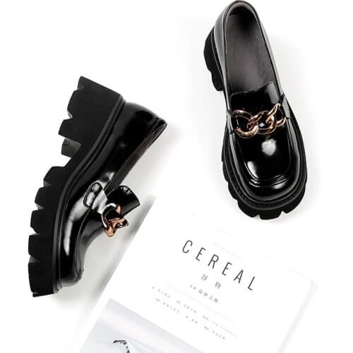 MORDOAN Platform Shoes Women Patent Leather Genuine Cow Leather Loafers Women Shoes Penny Shoes Square Toe Chain Decoration