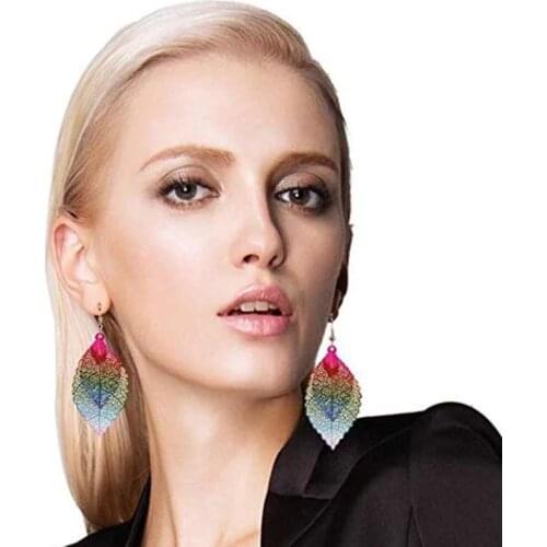 New Fashion Colorful Leaf Hanging Earrings For Women Boho Long Vintage Hollow Hoop Earings 2021Trend Women Jewelry Party Gift