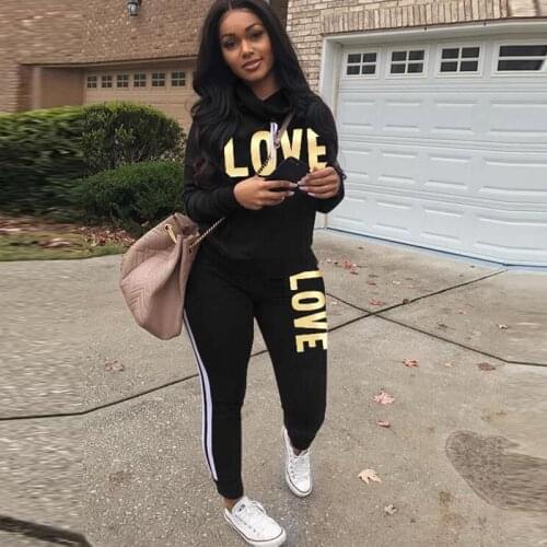 Plus Size 2 Piece Set Women Black Outfit LOVE Letter Print High Neck Hoodies Sweatshirt Pants Tracksuit Streetwear Casual Suit