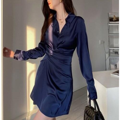 2021 New French Style Waist Slim Temperament Dresses for Women Elegant Blue Shirt Skirt Dress Autumn and Winter Birthday Dress