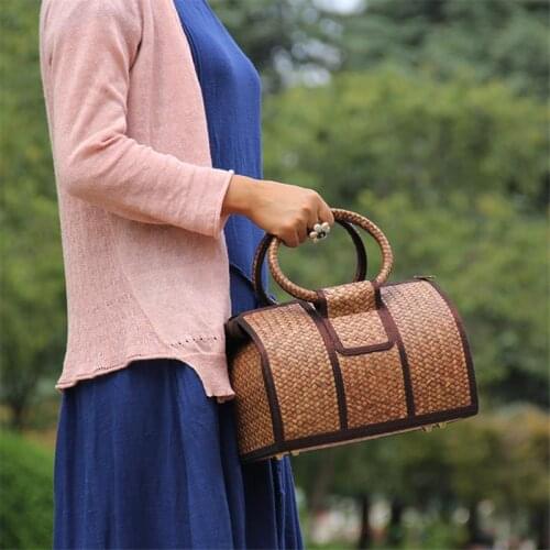 28x17CM Original Women Chinese Handmade Bamboo Woven Bag Straw Rattan Woven Retro Handbag Pillow Bag a6111