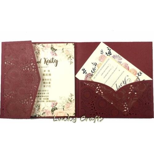 50pcs elegant square tri-fold pocketfold laser cut Wedding invitations trifold pocket invitation card gatefold for anniversary