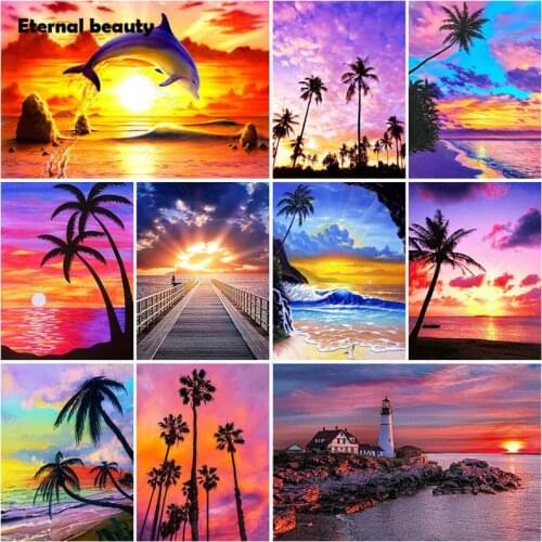 Diamond Painting Landscape Sunset Beach Seaside Cross Stitch Kits Pictures of Rhinestone Dolphin Diamond Embroidery Mosaic Art