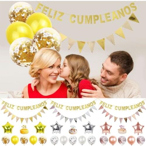 Behogar 15PCS Feliz Cumpleanos Birthday Party Decoration Set with Banner Pennant Balloons Cake Toppers for Kids Adults