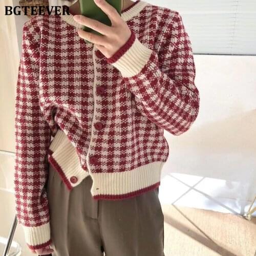 BGTEEVER Autumn Vintage Loose O-neck Women Plaid Knitted Cardigans Casual Single-breasted Full Sleeve Female Sweaters 2021