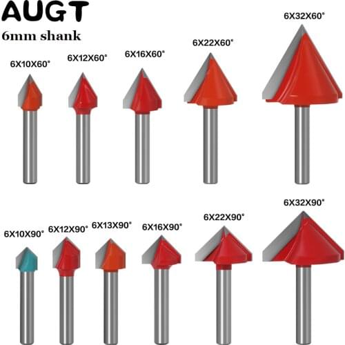 AUGT 6mm V Shape Router Bits CNC Carbide Tungsten Steel Woodworking Milling Cutter Tools 3D Wood MDF End Mill 60R 90R 120R 150R