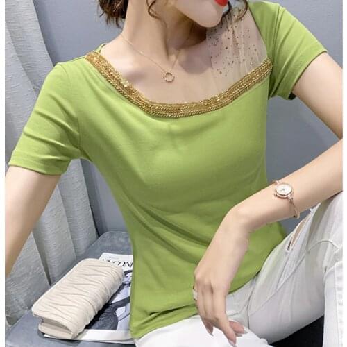 GGRIGHT Tees T shirt Women Clothes Cotton Korean T-Shirt Mesh Patchwork Summer Tops Short Sleeve Skew Collar Y2K Shirt Black