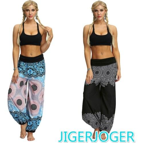 JIGERJOGER black cotton High waist pants 3D digital print plus size round mandala womens harem pant loose bloomers beach jogger