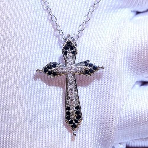 JK Double Layer Cross Charm Necklace Cool Versatile Black & White CZ Stone Design Party Decorative Fashion Women Necklace
