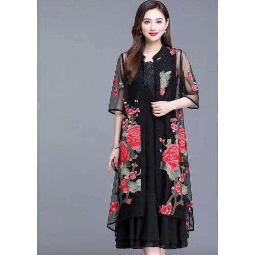 Summer Spring Chinese Style Womens Embroidery Golden Red Flower 2 Pieces Mesh Dress Set , Woman 5xl Rhinstone Dresses Set