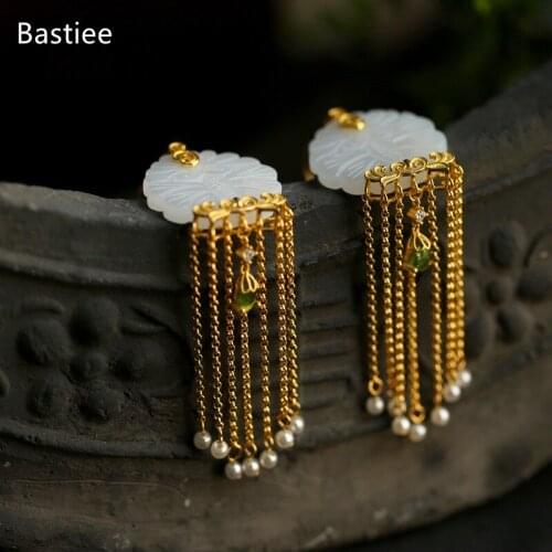 Bastiee Korean Earrings Earrings Silver 925 Jewelry For Women Jade Golden Plated Long Earrings Vintage Silver Earrings