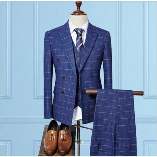 British Style Blue Plaid Men Suits One Button Wedding Groom Tuxedos men bussiness Blazer suits 2017(jacket+pant+vest)
