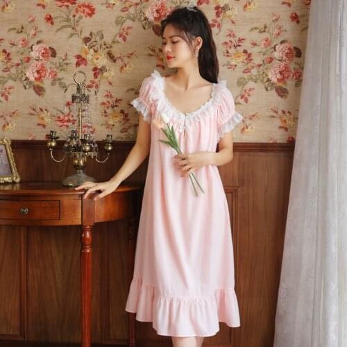 Roseheart New Women Homewear Pink White Sexy Sleepwear Night Dress Lace Bow Cotton Nightwear Nightgown Sleepwear Luxury Female