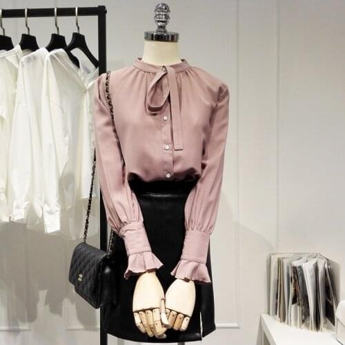 Office lady elegant shirts bow neck loose lantern sleeved fashion design chiffon shirts blouse outwear coat tops