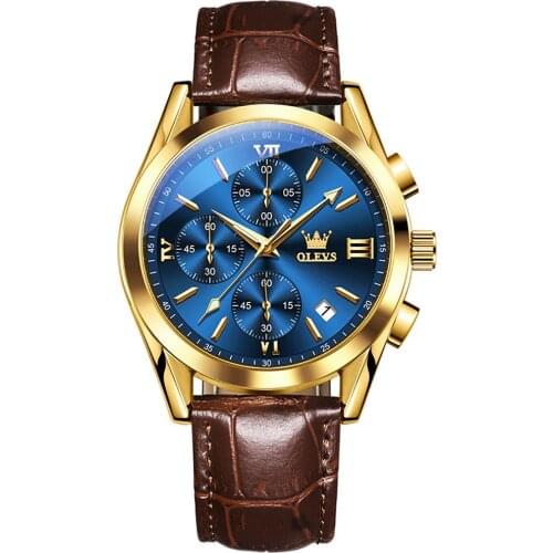OLEVS Premium Brand Mens Watch Fashion Casual Brown Leather Strap Quartz Movement Sports Waterproof 2021 New Watch